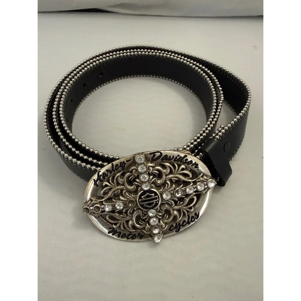 Harley Davidson Rhinestone Filigree Belt Genuine Leather 3W Black Large Buckle